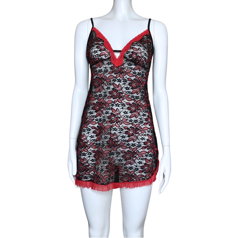Gothic Black Red Sheer Lace Slip Dress. Small. Coquette Trashy2K Goth Lingerie - Picture 1 of 8